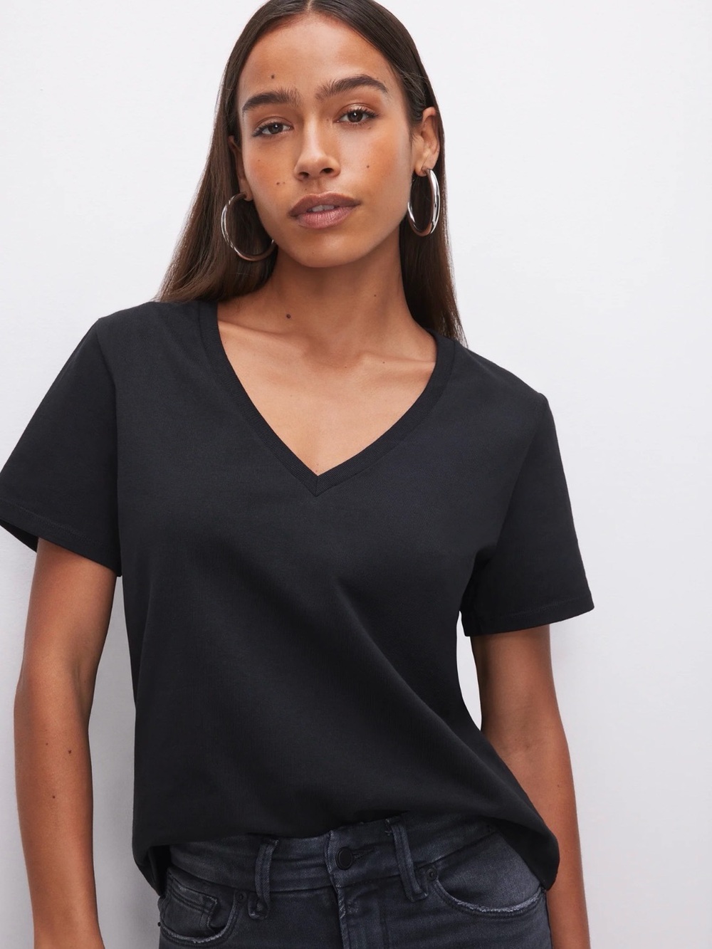 Good American Cotton Classic V-Neck Tee Black‎ GT0278V Womens Medium NWT